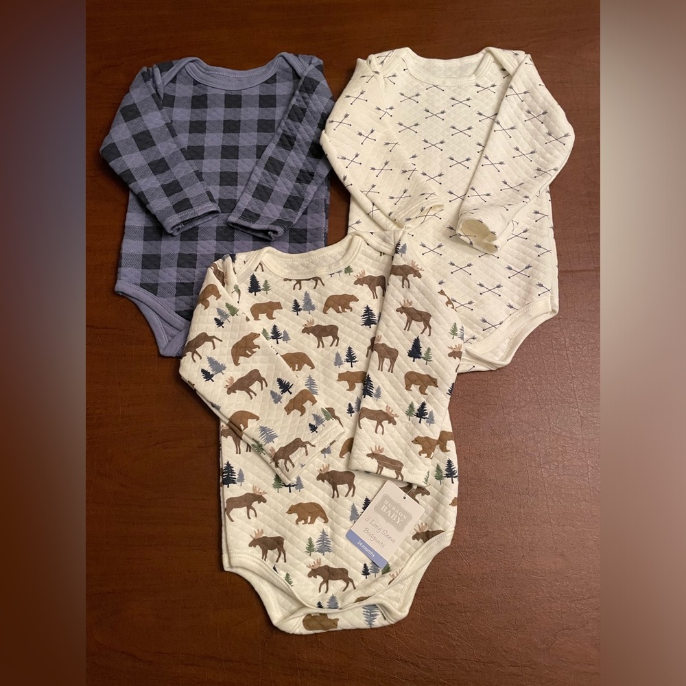 Hudson Baby Quilted Long Sleeve Cotton Bodysuits - 3 Pack - Moose Bear - NEW